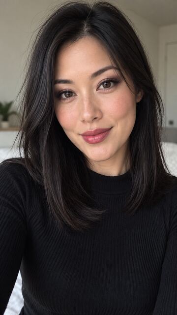 East Asian woman with rose lips and a smoky eye