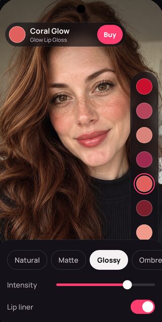 Virtual lipstick finishes in the app: matte, glossy, ombre and plump with an intensity slider