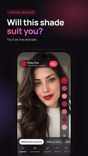 MakeUpTakeUp app screenshot: live lipstick try on asking "Will this shade suit you?"
