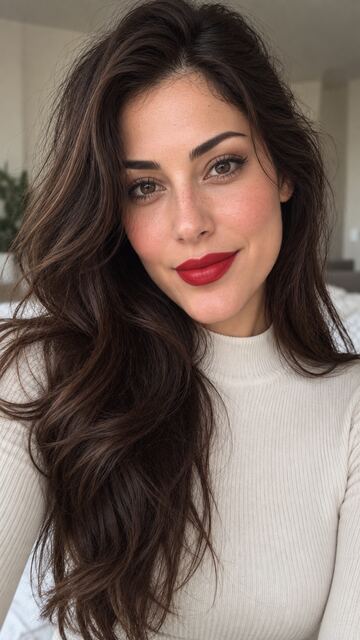 Woman with light skin wearing classic red lipstick