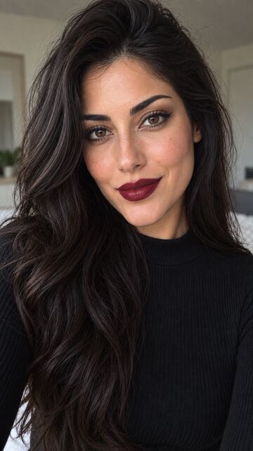 Woman with wine-colored lipstick and winged eyeliner